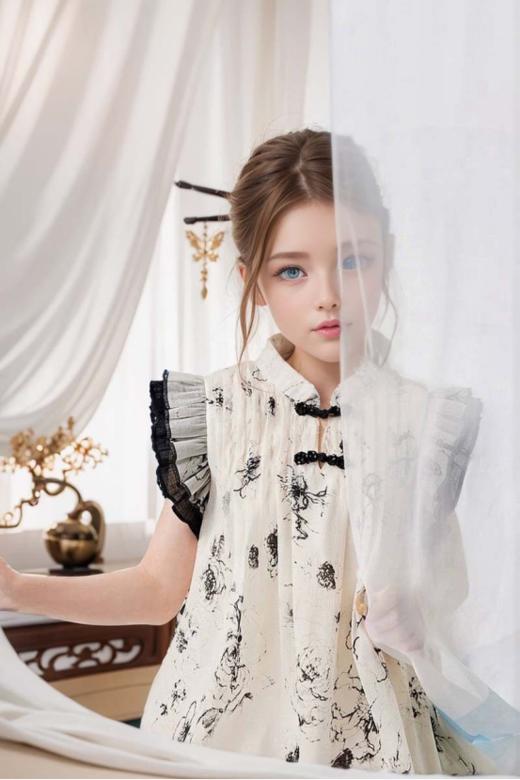 👏【新中式国风女童连衣裙系列】📍1、泼墨自然流动的染色面料，🌸设计成的小裙子真的很小清新，💕而且是很文艺的感觉，有穿旗袍时候才有的文雅气质，✅每一件都独一无二 📍 商品图1