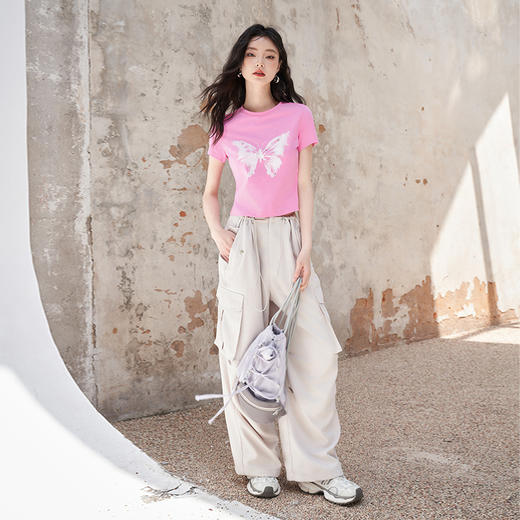 美式复古辣妹蝴蝶印花短袖T恤女春夏季短款修身上衣V0740452 商品图1