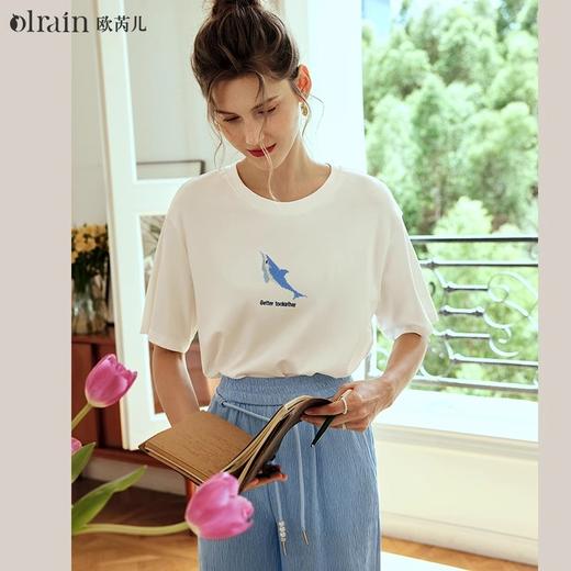 OLrain欧芮儿白色T恤女早春2024新款简约百搭小海豚刺绣短袖上衣 商品图0