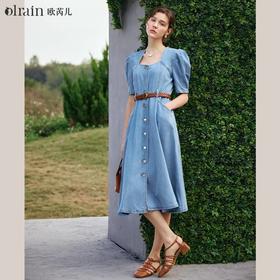 OLrain欧芮儿牛仔连衣裙女春季2024年新款方领泡泡袖设计感裙子
