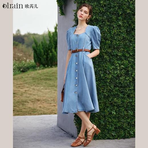 OLrain欧芮儿牛仔连衣裙女春季2024年新款方领泡泡袖设计感裙子 商品图0