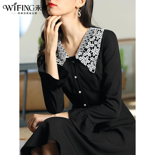 未风黑色娃娃领连衣裙女春2024年春装新款女装气质中长款长袖裙子 商品图1