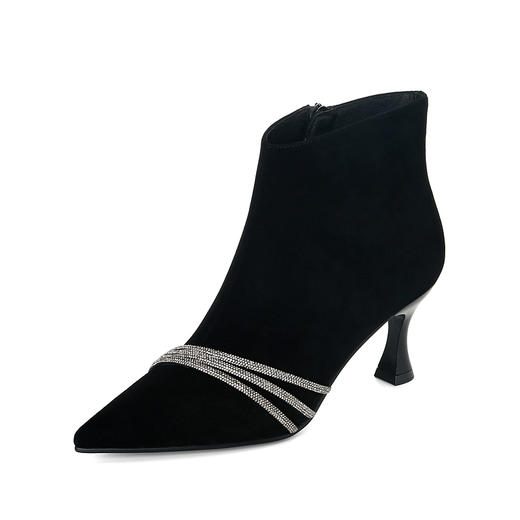 【自营】哈森 卡迪娜新款水钻拉链女靴高跟羊反绒面革时装靴 KA221536 商品图1