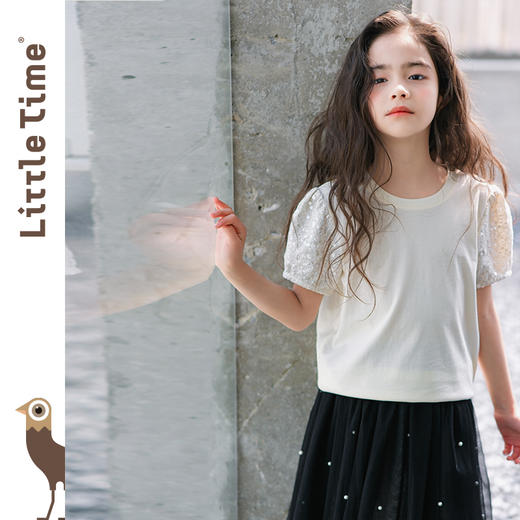 littletime女童短袖t恤夏季法式2024新款洋气米色珠片甜儿童上衣 商品图0