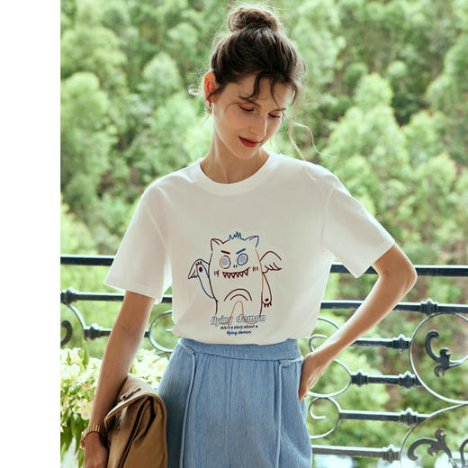 OLrain欧芮儿米白色T恤女早春2024年新款宽松趣味小怪兽刺绣短袖 商品图1
