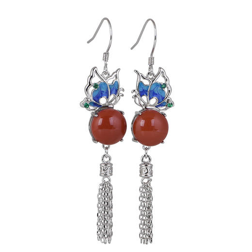 【暮色情深】S925银烧蓝蝴蝶镶红玛瑙流苏耳饰【SCH-TRS31732】 商品图4