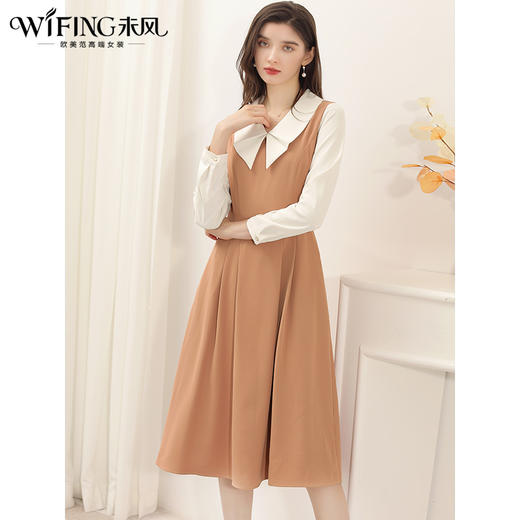 未风拼接娃娃领连衣裙女春2025年春季新款女装气质假两件长袖裙子 商品图2