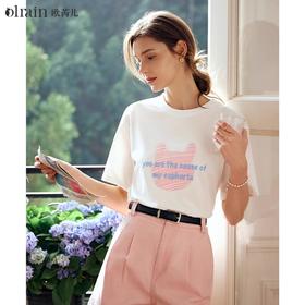 OLrain欧芮儿米白色T恤女早春2024新款趣味立体印花宽松短袖上衣