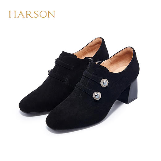 【自营】哈森 复古风粗跟深口单鞋女圆头裸靴 HL227901 商品图3