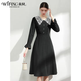 未风黑色娃娃领连衣裙女春2024年春装新款女装气质中长款长袖裙子