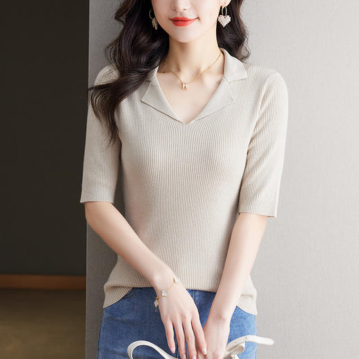 修身薄款针织衫，西装领打底内搭中袖上衣CC-MH-117 商品图1
