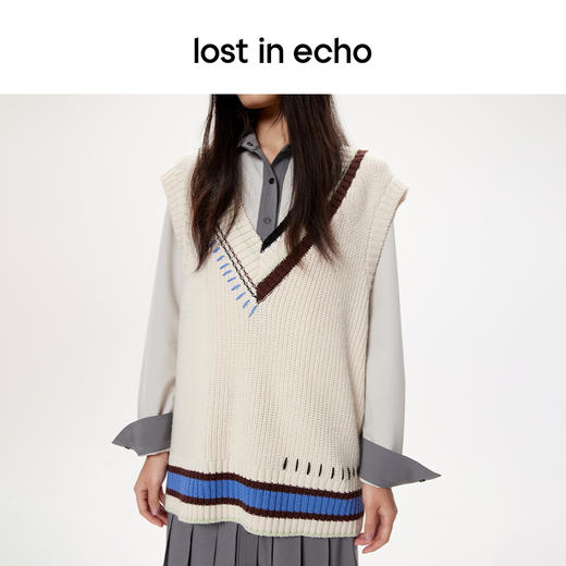 lost in echo秋冬季美拉德复古撞色线条V领宽松针织背心毛衫马甲 商品图4