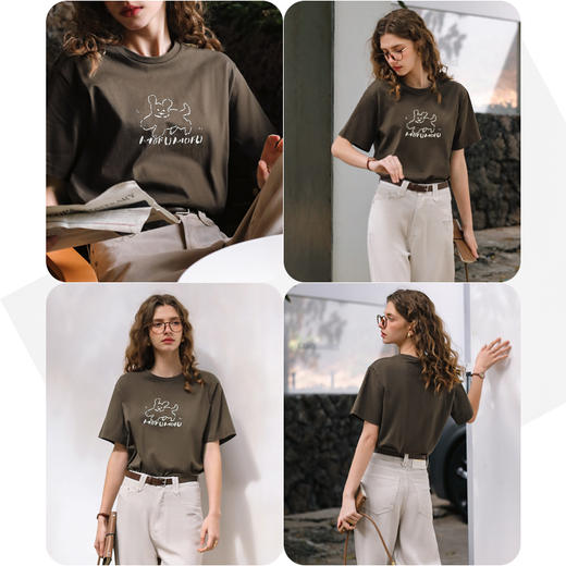 OLrain欧芮儿深咖啡色T恤女春季2024年新款宽松百搭印花短袖上衣 商品图1