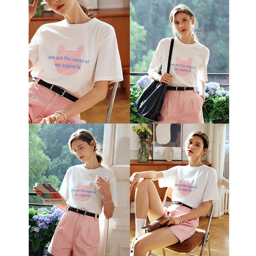 OLrain欧芮儿米白色T恤女早春2024新款趣味立体印花宽松短袖上衣 商品图1