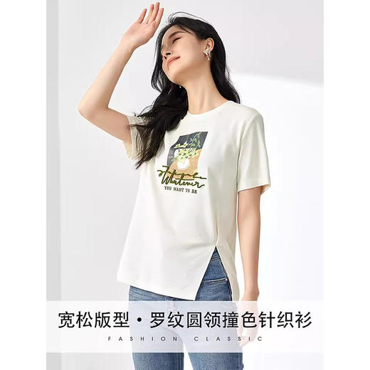 2024夏季新款时尚烫图绣花短袖T恤女圆领宽松下摆开叉上衣  SN823 商品图2