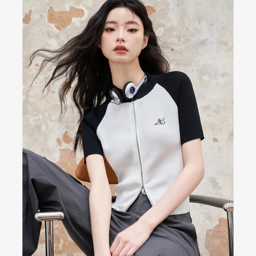复古辣妹插肩袖拉链短袖针织衫女春夏季圆领短款修身T恤V0040805 商品图0
