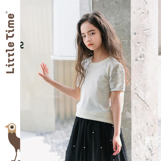 littletime女童短袖t恤夏季法式2024新款洋气米色珠片甜儿童上衣 商品图2