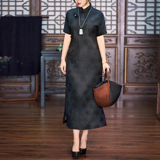 裁缝学苑AS219香云纱旗袍改良款夏季中式女装中国风气质连衣裙显瘦黑偏襟 商品图5