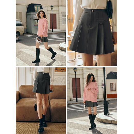 欧芮儿灰色百褶半身裙女春季2024新款高腰压褶设计感A字西装短裙 商品图2