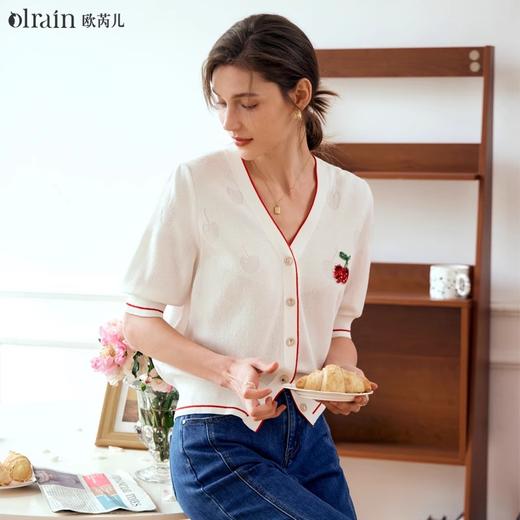 OLrain欧芮儿米白色V领针织衫女早春2024年新款宽松暗纹提花开衫 商品图0
