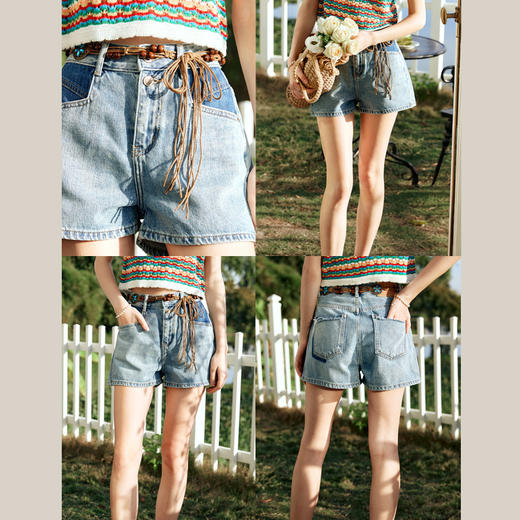 OLrain欧芮儿蓝色牛仔裤女春季2024新款高腰宽松复古显瘦A字短裤 商品图1