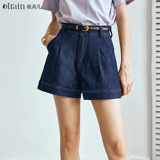 OLrain欧芮儿深蓝色高腰牛仔裤女早春2024年新款宽松显瘦A字短裤 商品图0