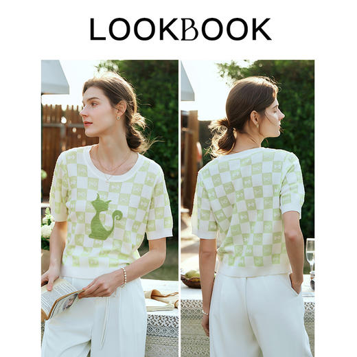 OLrain欧芮儿浅绿色针织衫女夏季2024新款棋盘格趣味猫咪套头上衣 商品图4