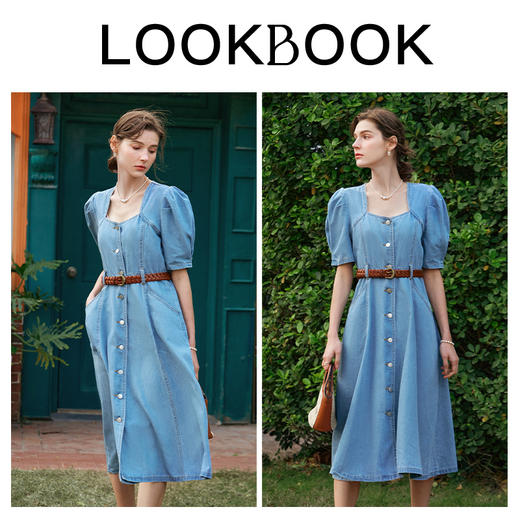 OLrain欧芮儿牛仔连衣裙女春季2024年新款方领泡泡袖设计感裙子 商品图4