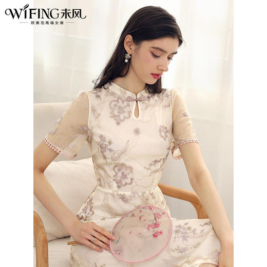 未风杏色网纱连衣裙女夏2024年夏季新款女装国风改良旗袍复古裙子 商品图1