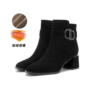 【自营】哈森 冬季粗跟中筒靴反绒皮长靴女 HA237150 商品图5