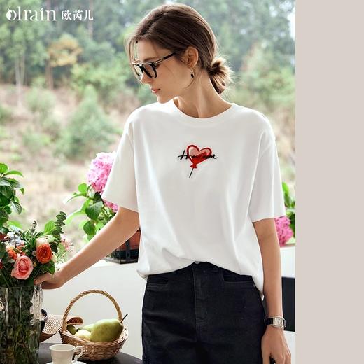 OLrain欧芮儿米白色短袖T恤女夏季2024新款时尚趣味刺绣圆领上衣 商品图0