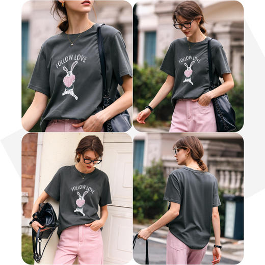 OLrain欧芮儿灰色T恤女春季2024年新款简约百搭宽松印花短袖上衣 商品图2