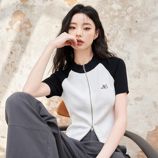 复古辣妹插肩袖拉链短袖针织衫女春夏季圆领短款修身T恤V0040805 商品图2