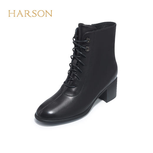 【自营】哈森 冬季新款羊皮短靴复古粗跟短靴绑带时装靴女百搭 HA227141 商品图5