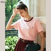 OLrain欧芮儿粉色T恤女春季2024年新款撞色圆领百搭刺绣短袖上衣 商品缩略图0