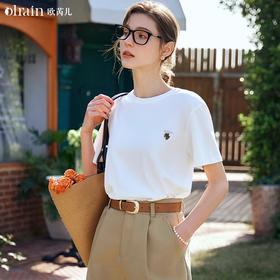 OLrain欧芮儿米白色短袖T恤女夏季2024新款卡通时尚减龄绣花上衣