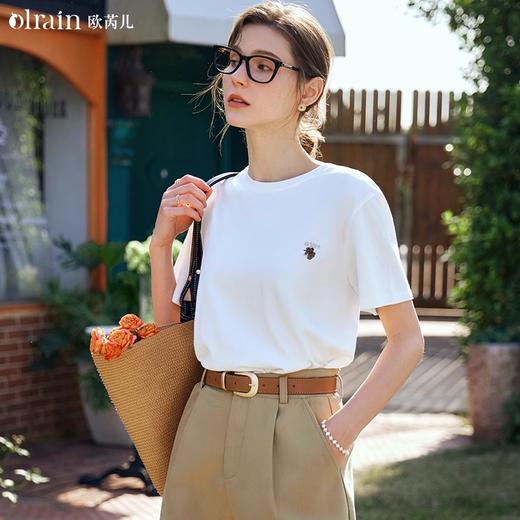 OLrain欧芮儿米白色短袖T恤女夏季2024新款卡通时尚减龄绣花上衣 商品图0