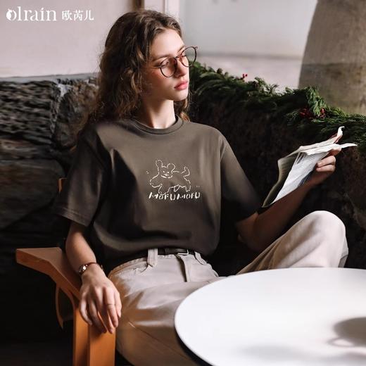 OLrain欧芮儿深咖啡色T恤女春季2024年新款宽松百搭印花短袖上衣 商品图0