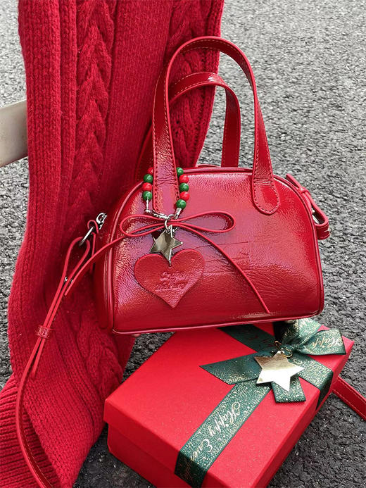 CryingCenter圣诞红mini波士顿蝴蝶结油蜡亮皮大学生经典斜挎皮包 商品图1