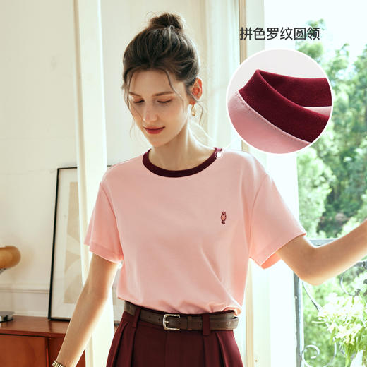 OLrain欧芮儿粉色T恤女春季2024年新款撞色圆领百搭刺绣短袖上衣 商品图4