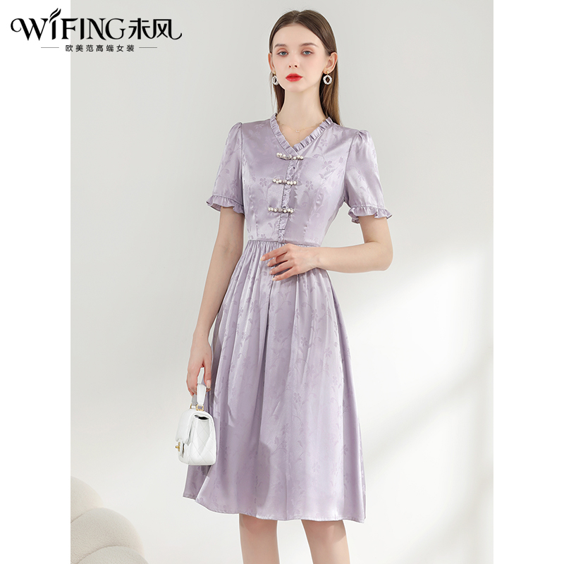 未风紫色泡泡袖连衣裙女夏2024夏季新款复古女装高腰显瘦减龄裙子