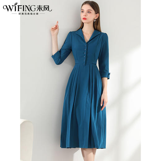 未风西装领连衣裙女春2024年春装新款女装气质显瘦七分袖长款裙子 商品图0