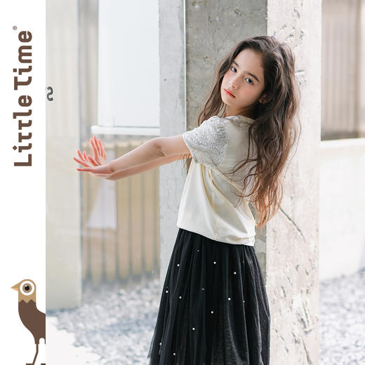 littletime女童短袖t恤夏季法式2024新款洋气米色珠片甜儿童上衣 商品图3
