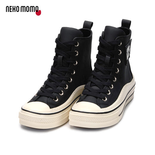 nekomomo2022年秋冬新款商场同款头层牛皮系带平底增高高帮板鞋女 商品图1