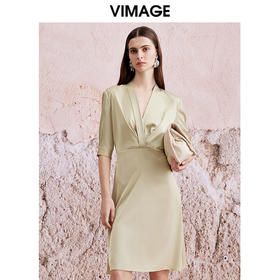 VIMAGE纬漫纪2024夏季新款法式V领高腰气质显瘦连衣裙V2107721