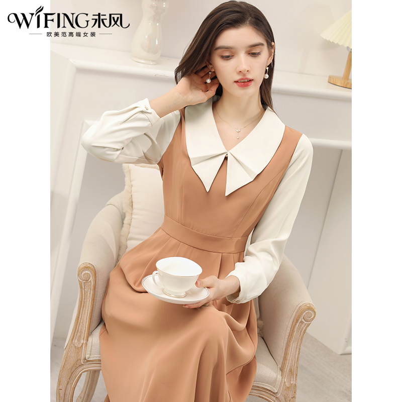 未风拼接娃娃领连衣裙女春2025年春季新款女装气质假两件长袖裙子