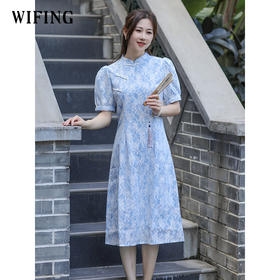 未风蓝色改良旗袍连衣裙女夏2024夏季新款女装显瘦新中式国风裙子