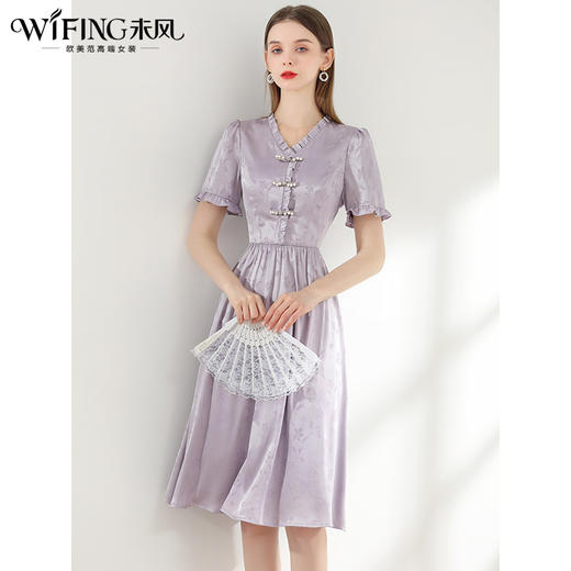 未风紫色泡泡袖连衣裙女夏2024夏季新款复古女装高腰显瘦减龄裙子 商品图2