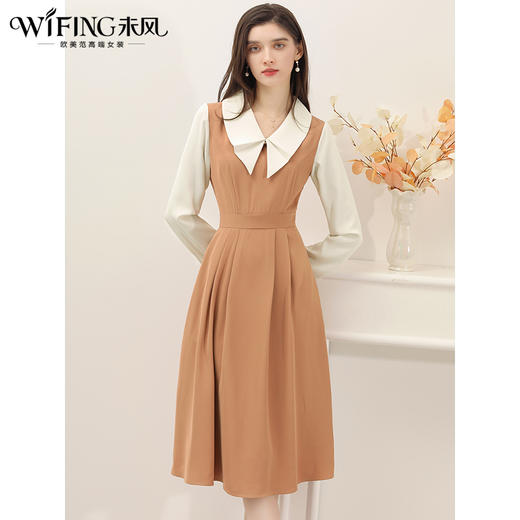 未风拼接娃娃领连衣裙女春2025年春季新款女装气质假两件长袖裙子 商品图1