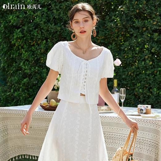 OLrain欧芮儿法式白色雪纺衫女春季2024新款V领小众刺绣甜美小衫 商品图0
